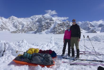 Kara Haeussler and her father Peter pose in front of the Kahiltna Peaks and Denali in June 3, 2014, at the conclusion of a trip during which they climbed mountains and collected rock samples. Photo courtesy of Peter Haeussler.